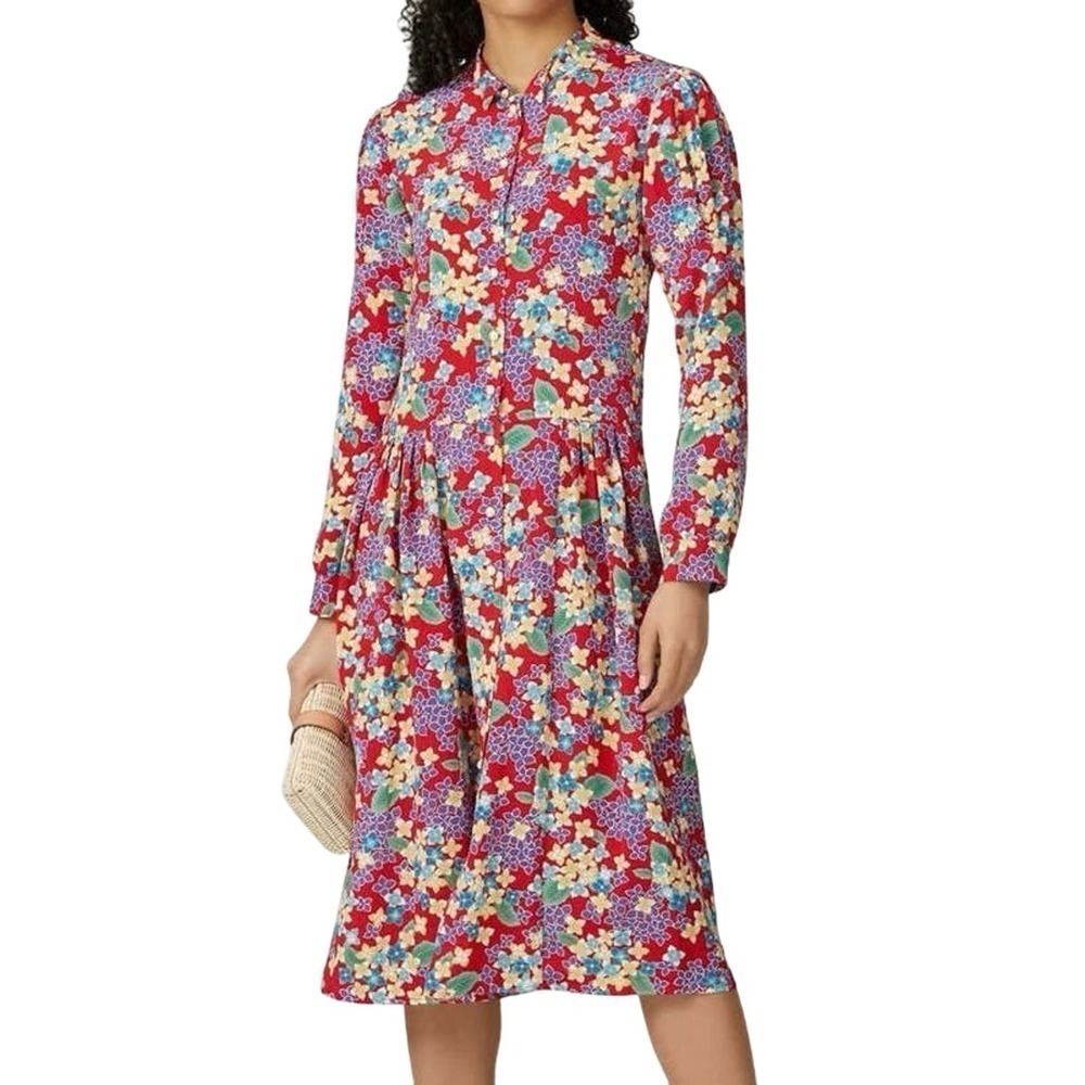 DEBORAH LYONS Red Floral Dionne Button-Front Collared Midi Dress - Sz 12